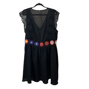 Shein Curve Black Granny Square Crochet Waist Lace Dress Womens Size 2XL Hippie